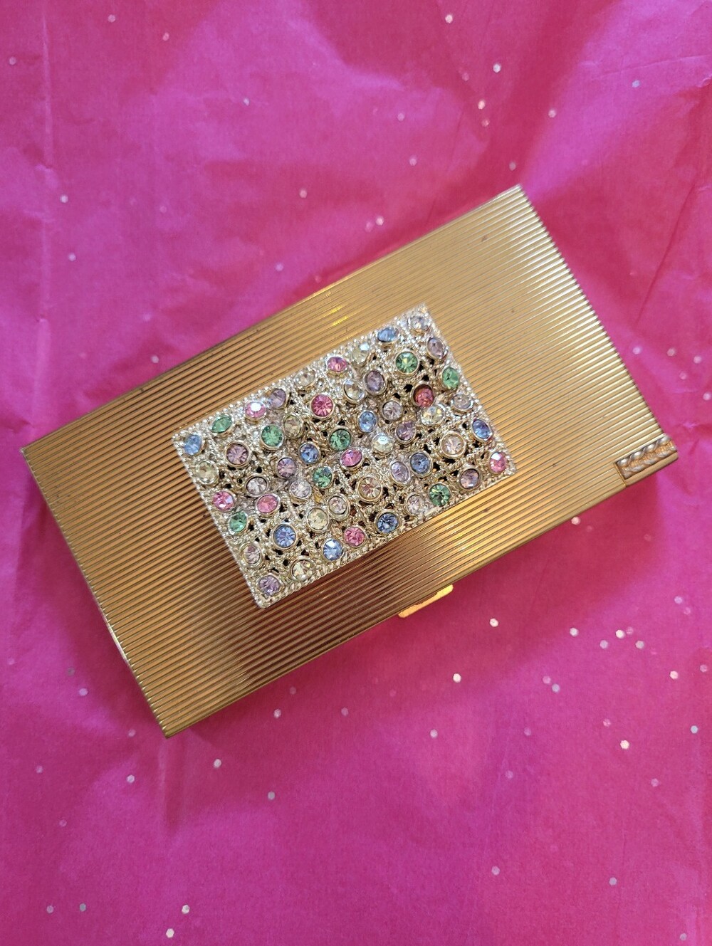 Vintage Volupté Gold-Tone Compact Clutch Multi-color Rhinestones MCM FIRM!